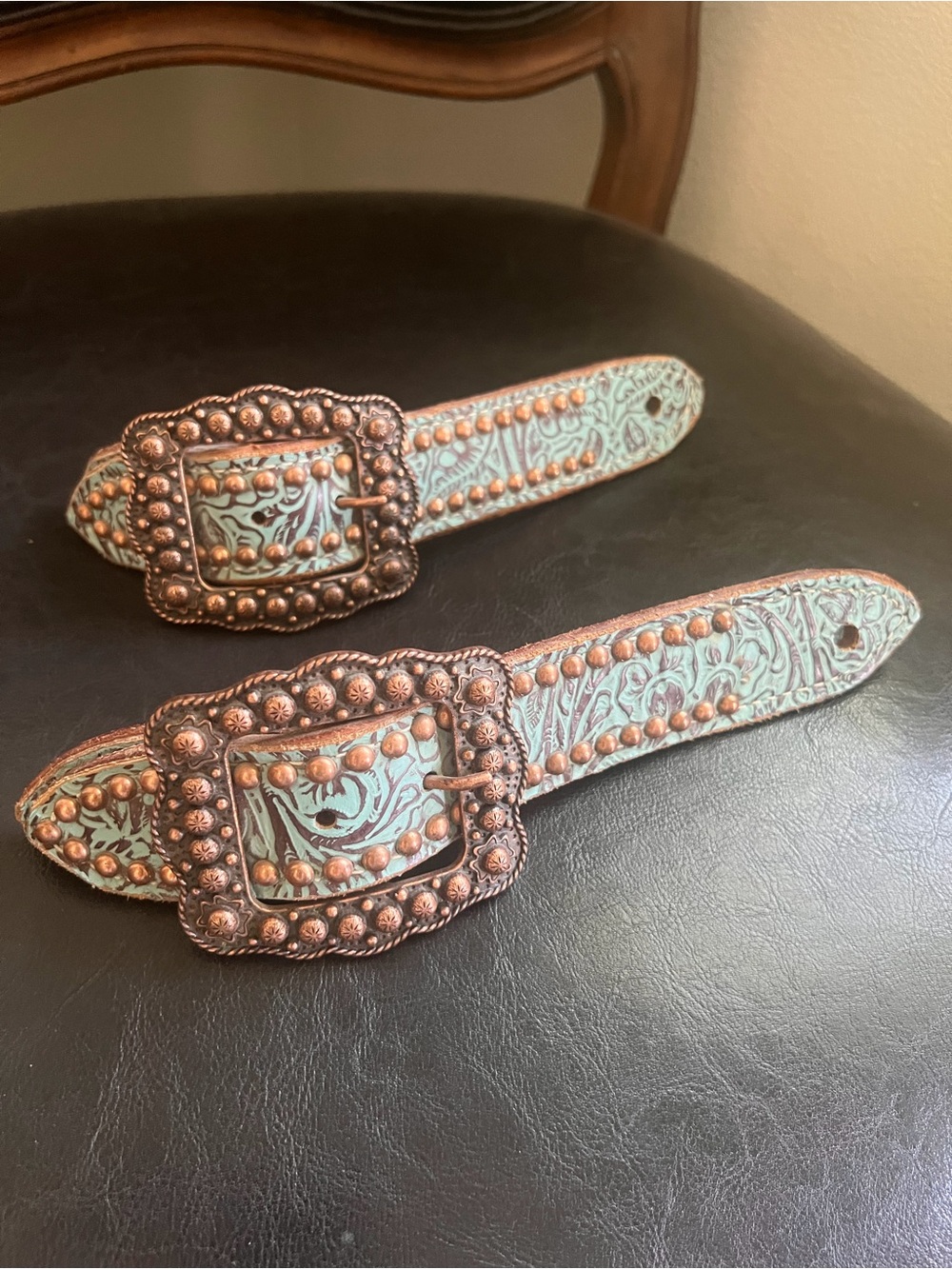 Turquoise Tooled Leather Western Spur Straps with Copper Studded Buckle